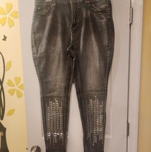 Ashley Stewart Brand New Faded Gray Skinny Jeans with Rhinestone Embellishments